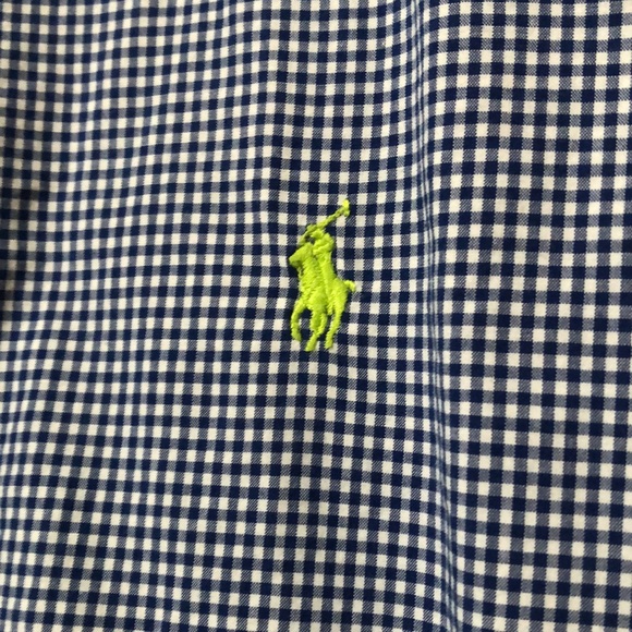 Ralph Lauren Boys' Gingham Button-Down Shirt and collar. Large 14-16.  Navy Blue - Picture 3 of 6